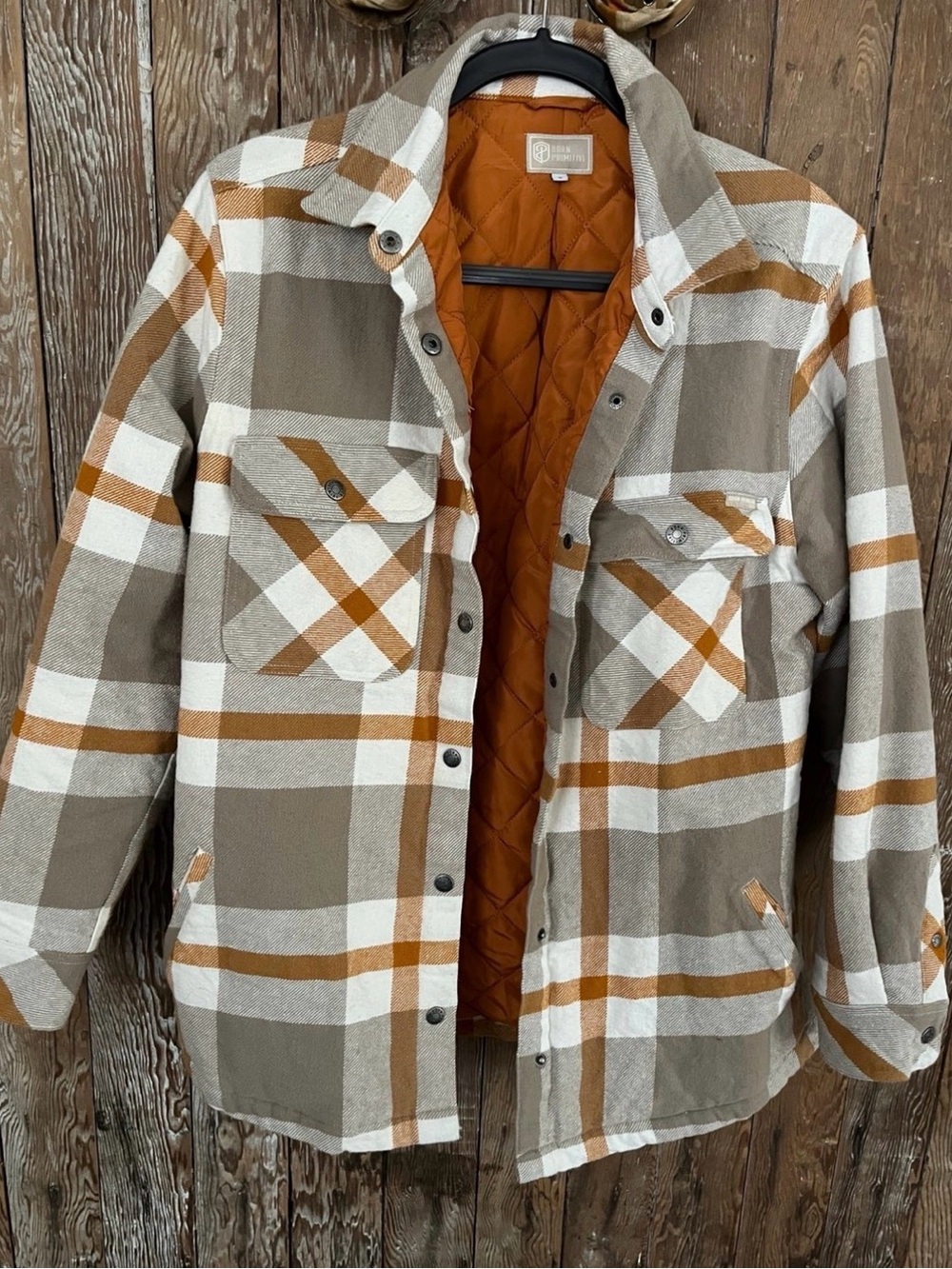Born Primitive Quilted Lined Plaid Shacket in Brown & Rust